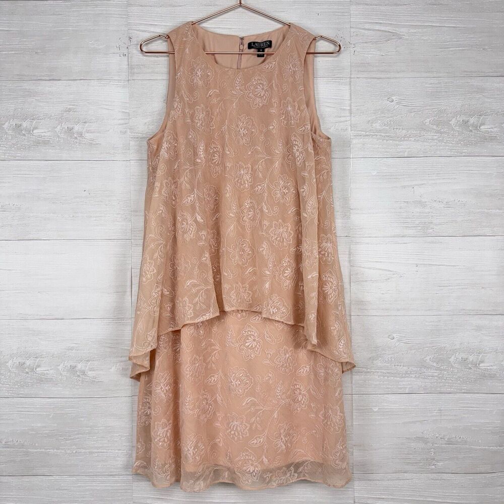 Lauren Ralph Lauren Size 12 Swing Dress Peach Lace Embroidered Cocktail‎ Shift